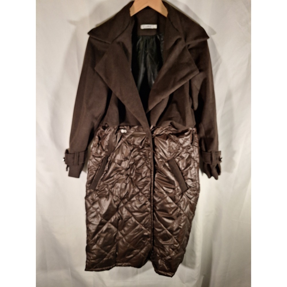 Excellent Women Dark Brown Hybrid Mixed Media Quilted Puffer Longline Coat Sz 2